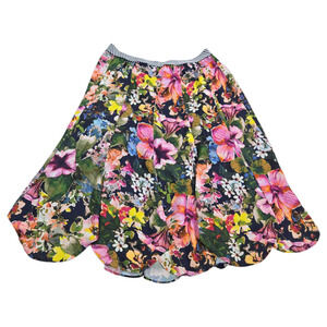 Wom Sz 22W Bold Floral Scalloped Midi Skirt Denim 24/7 Spring Easter Summer EUC